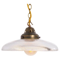 Large Antique Holophane Prismatic Glass Pendant Light with Aged Brass Gallery