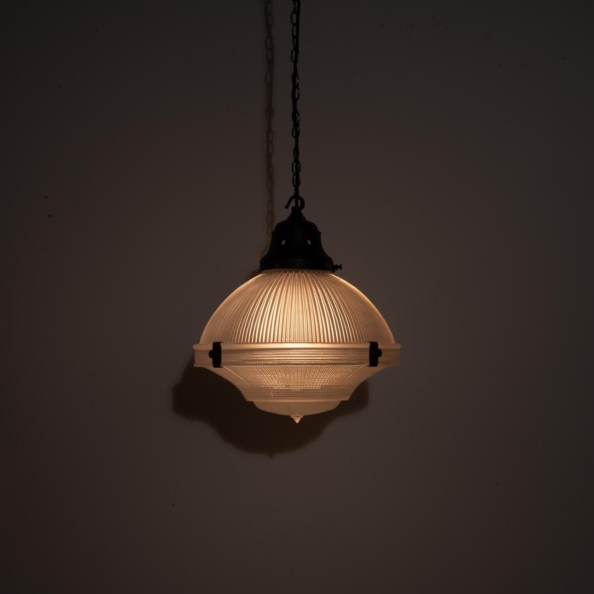 Art Deco Large Vintage Holophane Prismatic Glass Three Part Chapel Pendant Lights For Sale