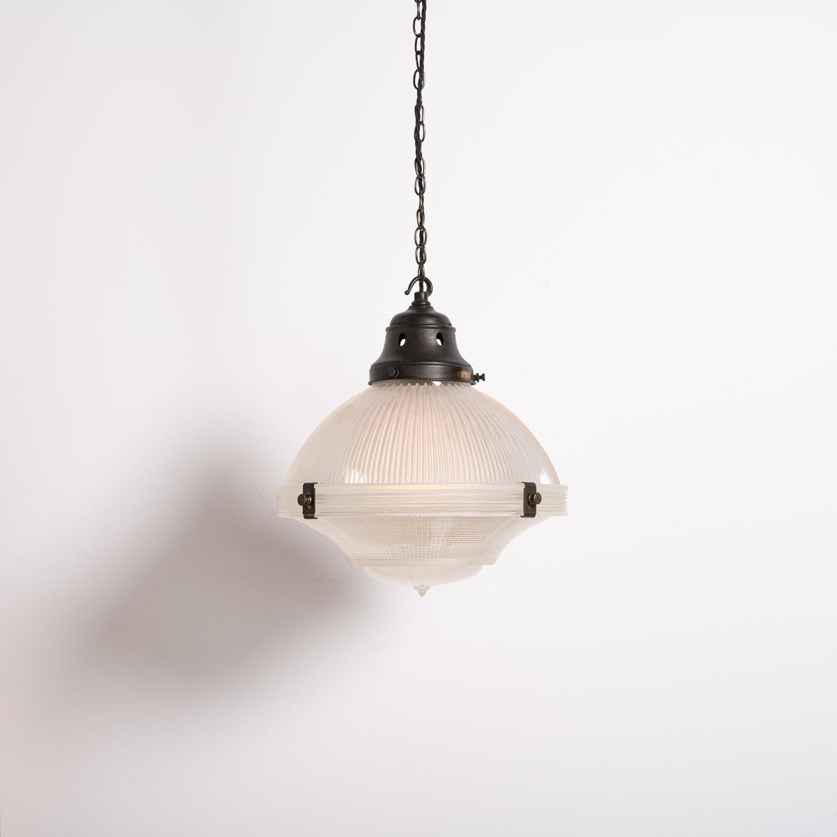 British Large Vintage Holophane Prismatic Glass Three Part Chapel Pendant Lights For Sale