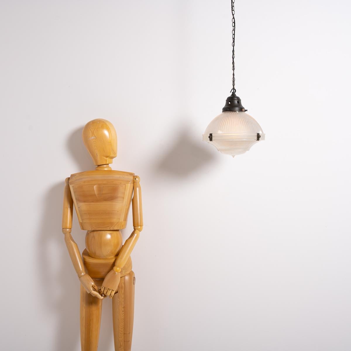 Large Vintage Holophane Prismatic Glass Three Part Chapel Pendant Lights In Good Condition For Sale In Nottingham, GB