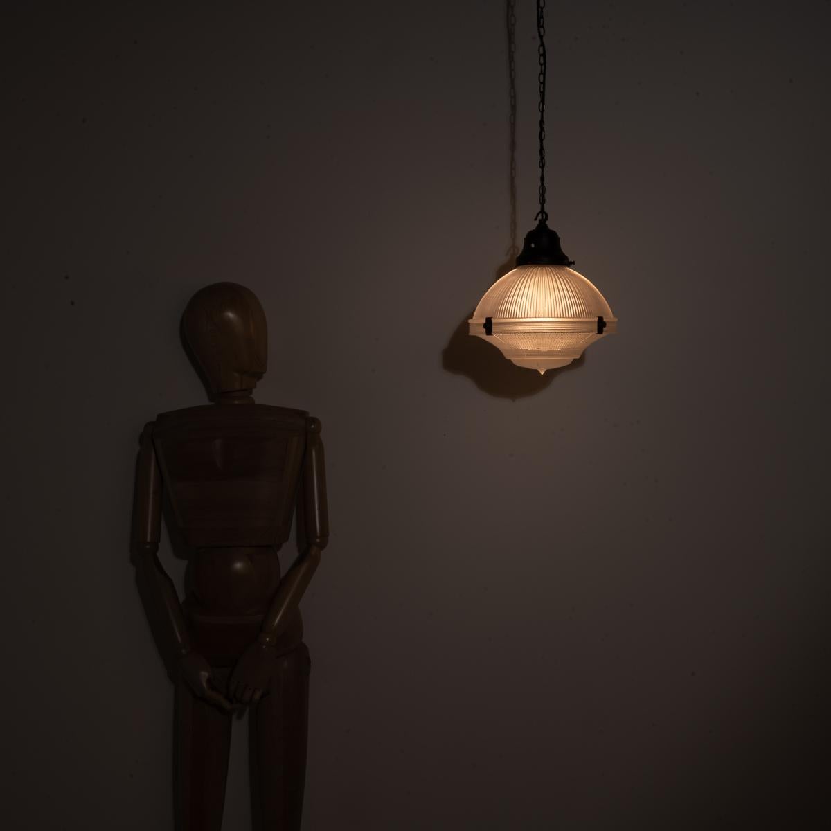 Early 20th Century Large Vintage Holophane Prismatic Glass Three Part Chapel Pendant Lights For Sale