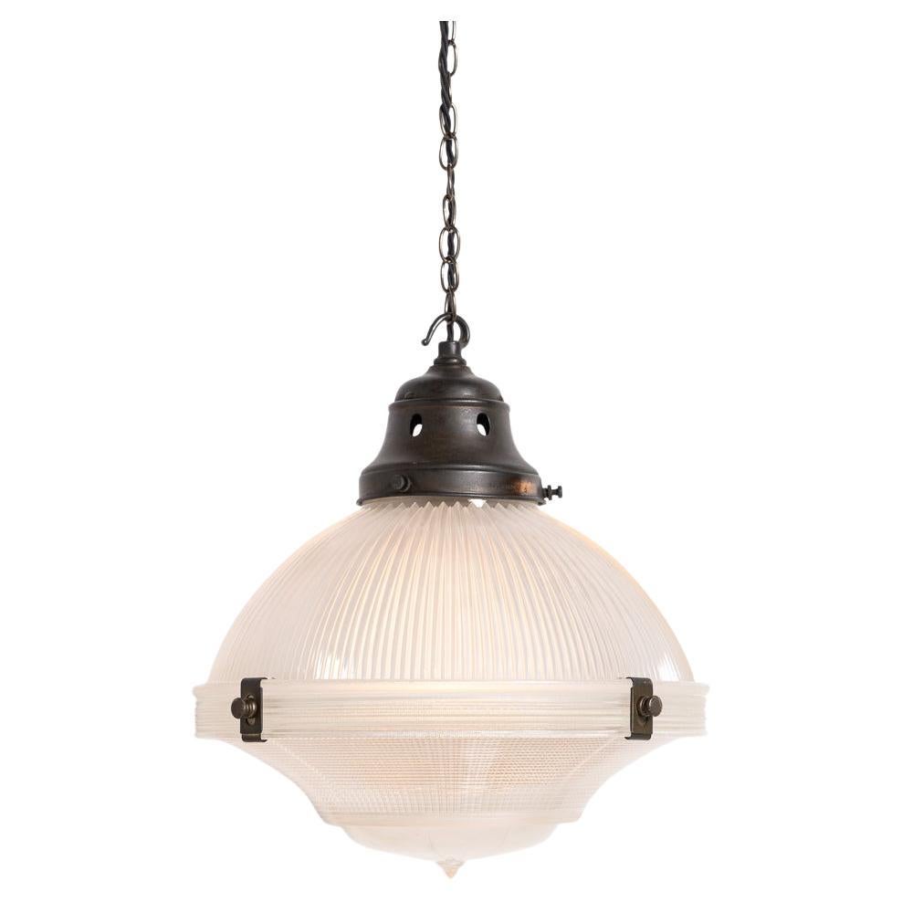 Large Vintage Holophane Prismatic Glass Three Part Chapel Pendant Lights For Sale