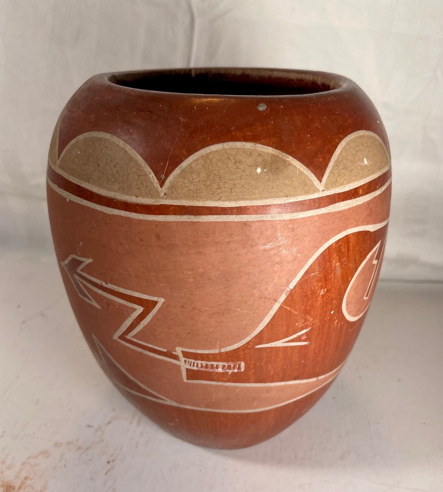 Large Vintage Hopi Pueblo Redware Pottery Jar Scraffito Avanyu Design For Sale 1