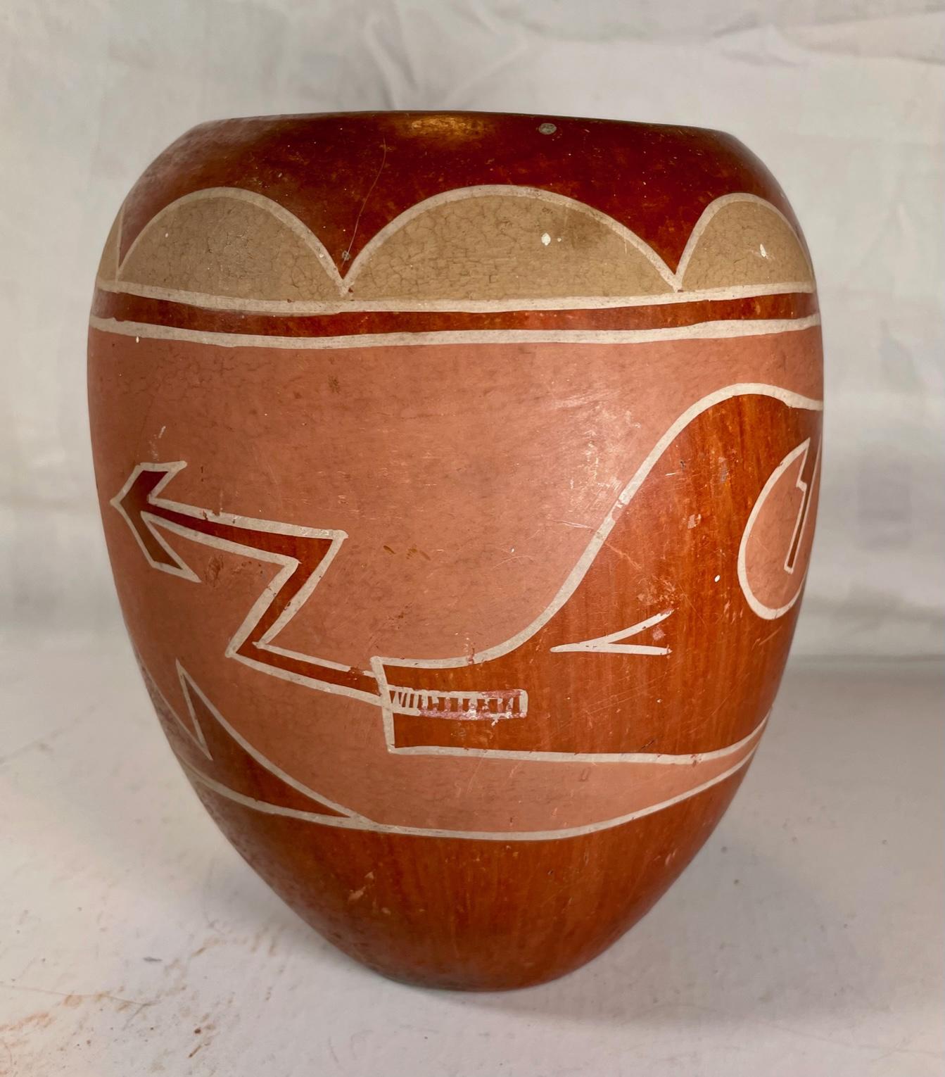 Large Vintage Hopi Pueblo Redware Pottery Jar Scraffito Avanyu Design For Sale 2