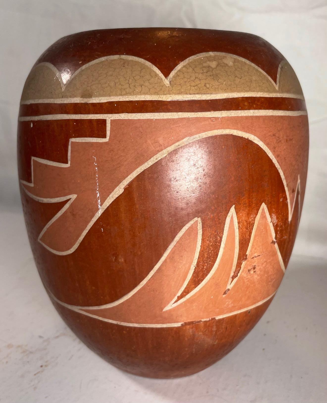Large Vintage Hopi Pueblo Redware Pottery Jar Scraffito Avanyu Design For Sale 3