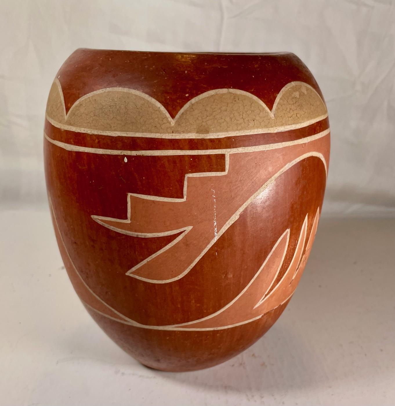 Tribal Large Vintage Hopi Pueblo Redware Pottery Jar Scraffito Avanyu Design For Sale