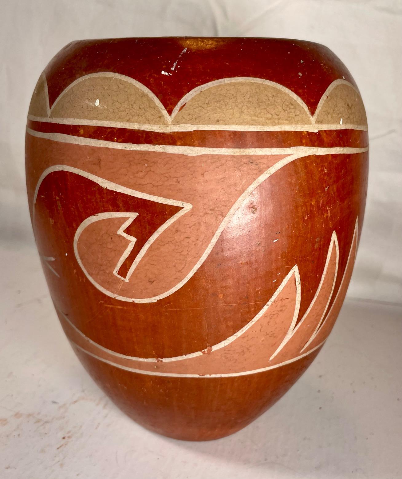 American Large Vintage Hopi Pueblo Redware Pottery Jar Scraffito Avanyu Design For Sale