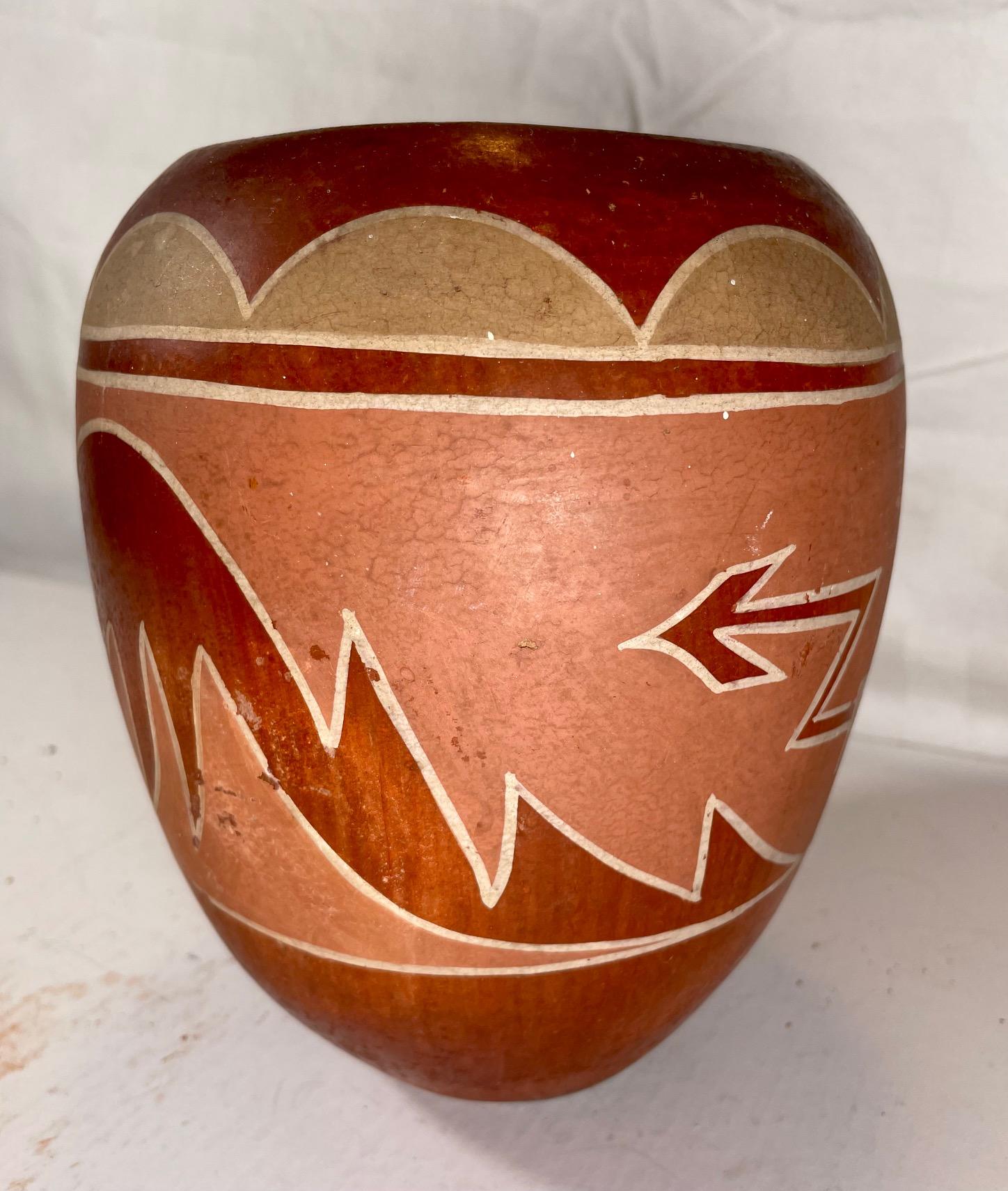Polished Large Vintage Hopi Pueblo Redware Pottery Jar Scraffito Avanyu Design For Sale