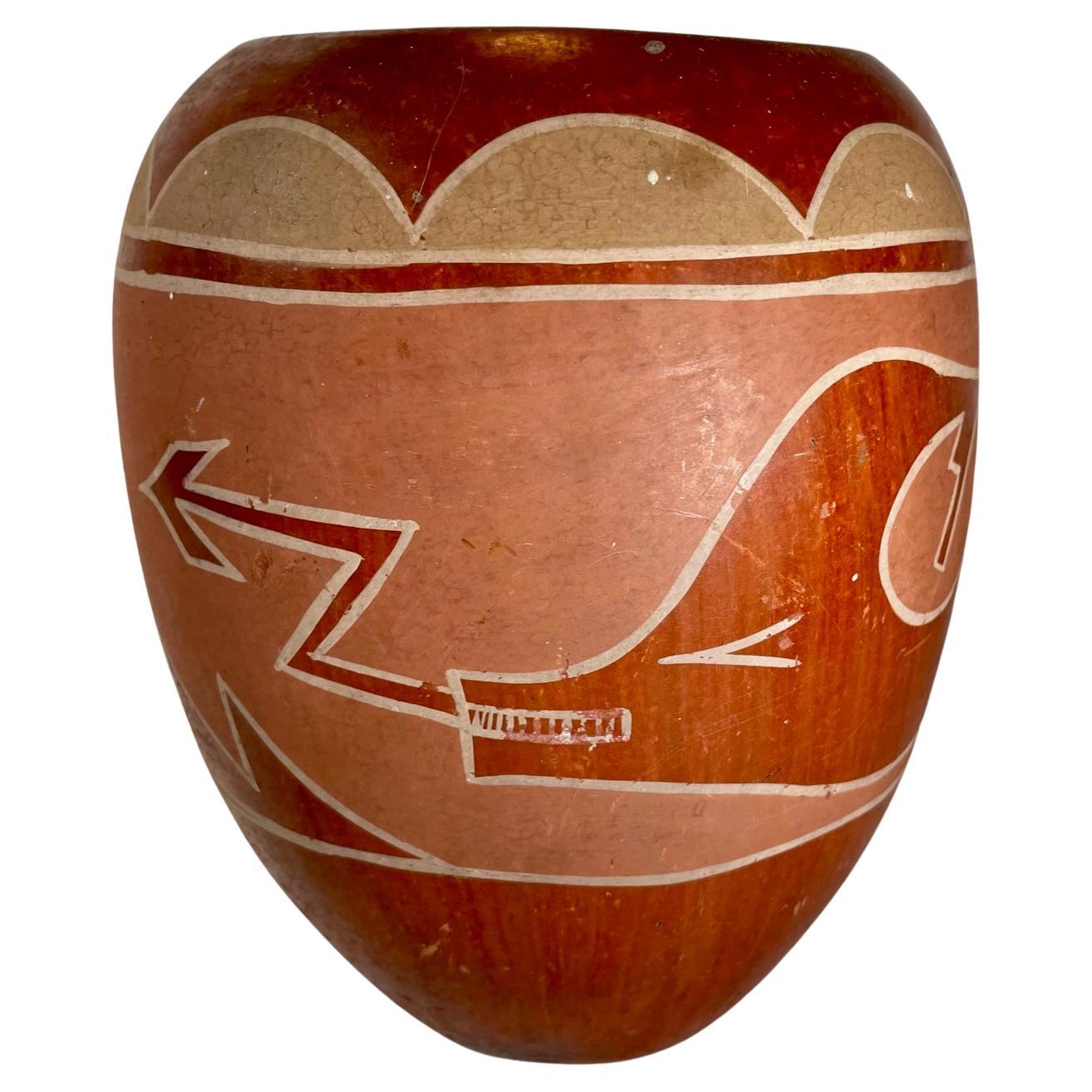 Large Vintage Hopi Pueblo Redware Pottery Jar Scraffito Avanyu Design For Sale