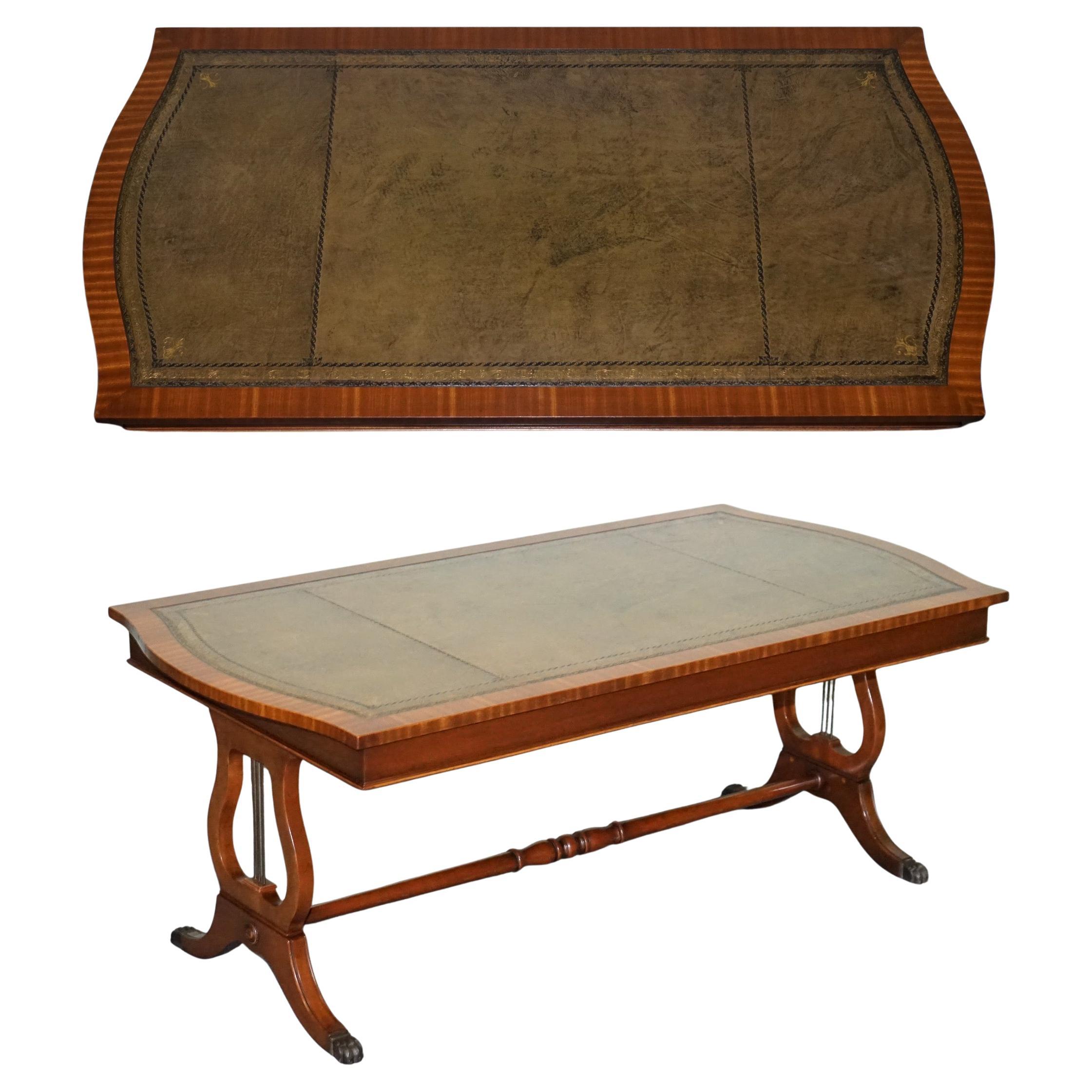LARGE ViNTAGE HUNTER GREEN LEATHER TOP COFFEE TABLE For Sale