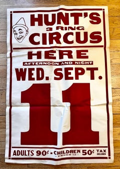 Large Vintage Hunt's 3 Ring Circus Date Poster 28" x 42", circa 1920's