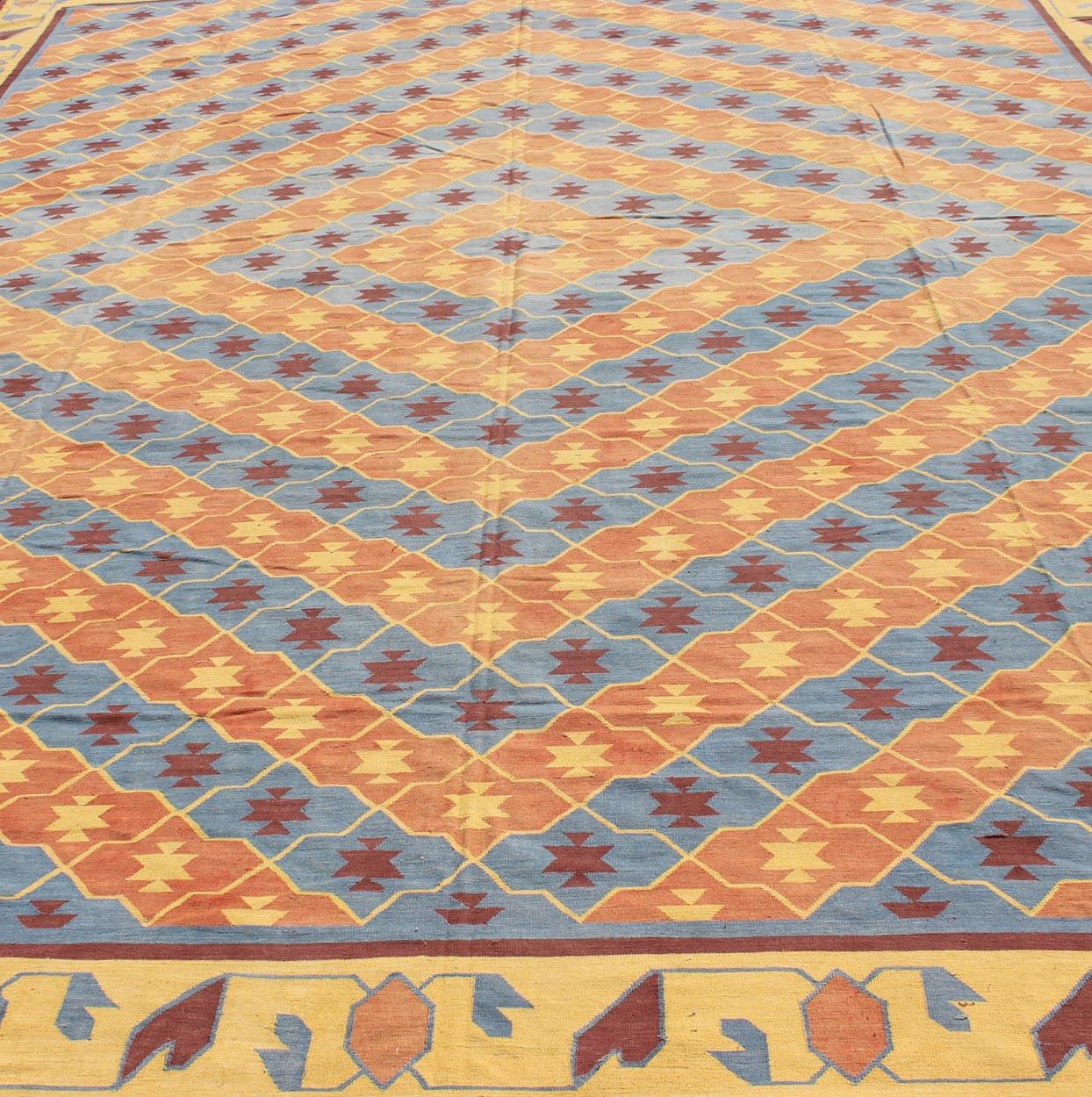 Wool Large Vintage Indian Cotton Dhurrie Flat-Weave Rug with Geometric Diamond Design For Sale