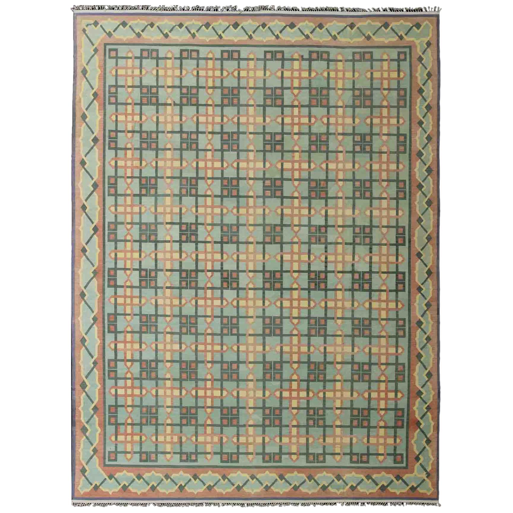 Large Vintage Indian Flat-Weave Cotton Dhurrie Rug from Mid-20th Century