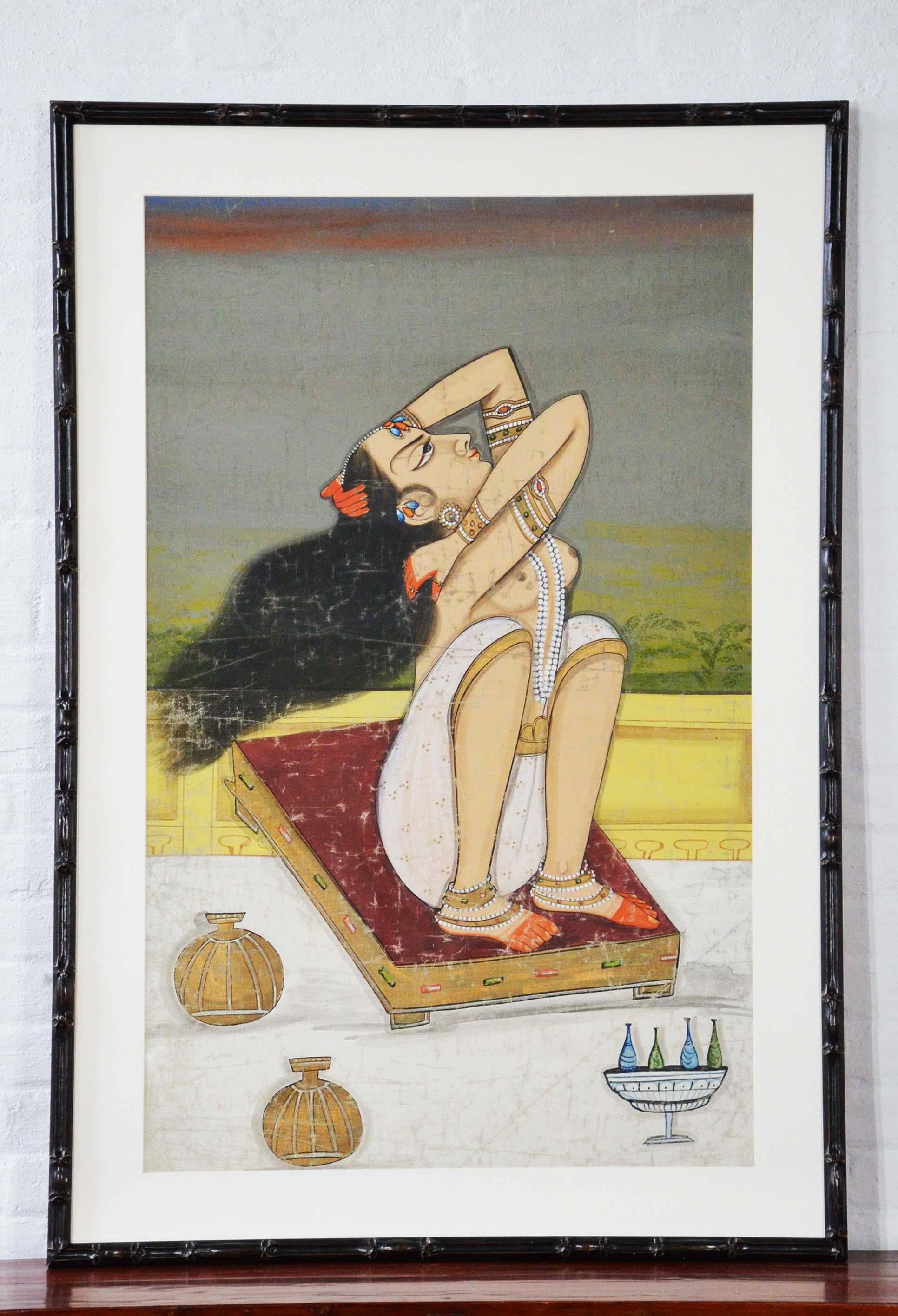 20th Century Large Vintage Indian Hand-Painted Woman Dancer Mounted on a Bamboo Style Frame For Sale