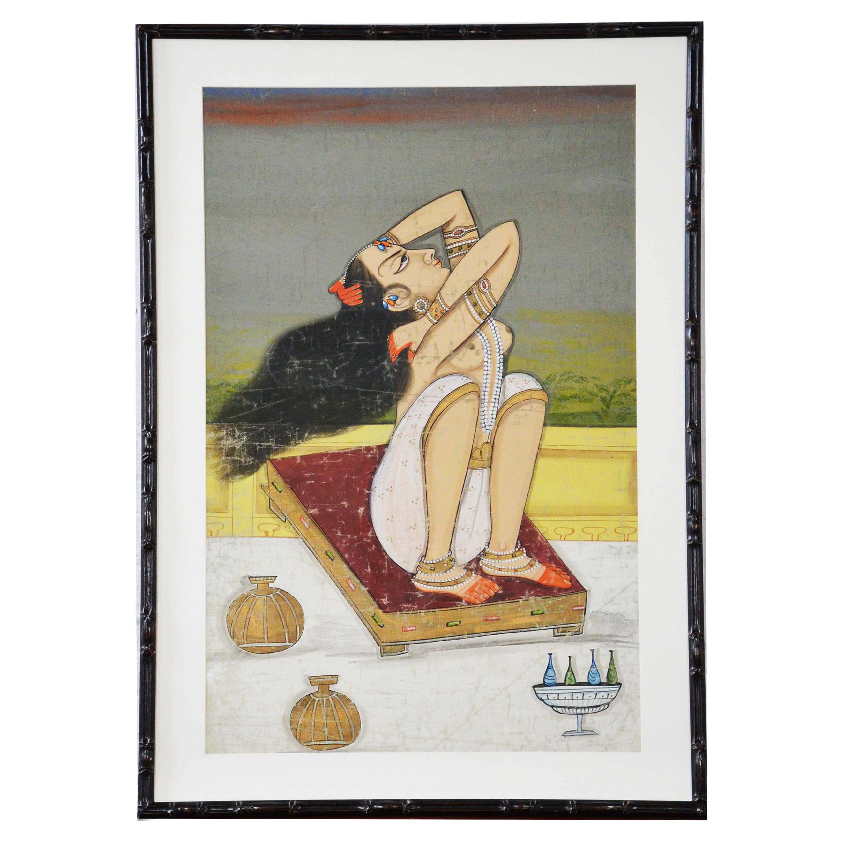Large Vintage Indian Hand-Painted Woman Dancer Mounted on a Bamboo Style Frame For Sale