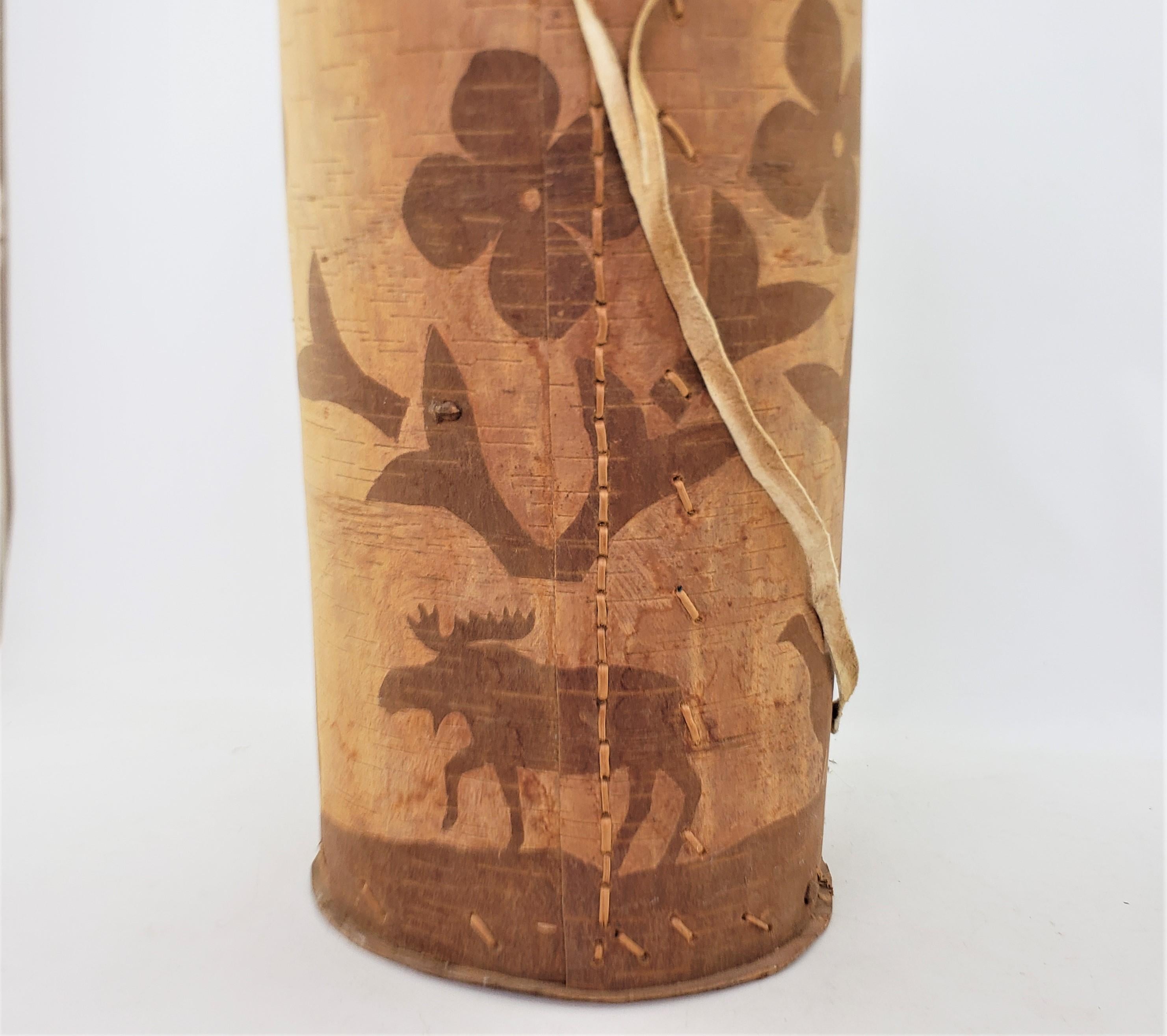 Large Vintage Indigenous Canadian Lidded Birch Bark Painted Shoulder Basket For Sale 12