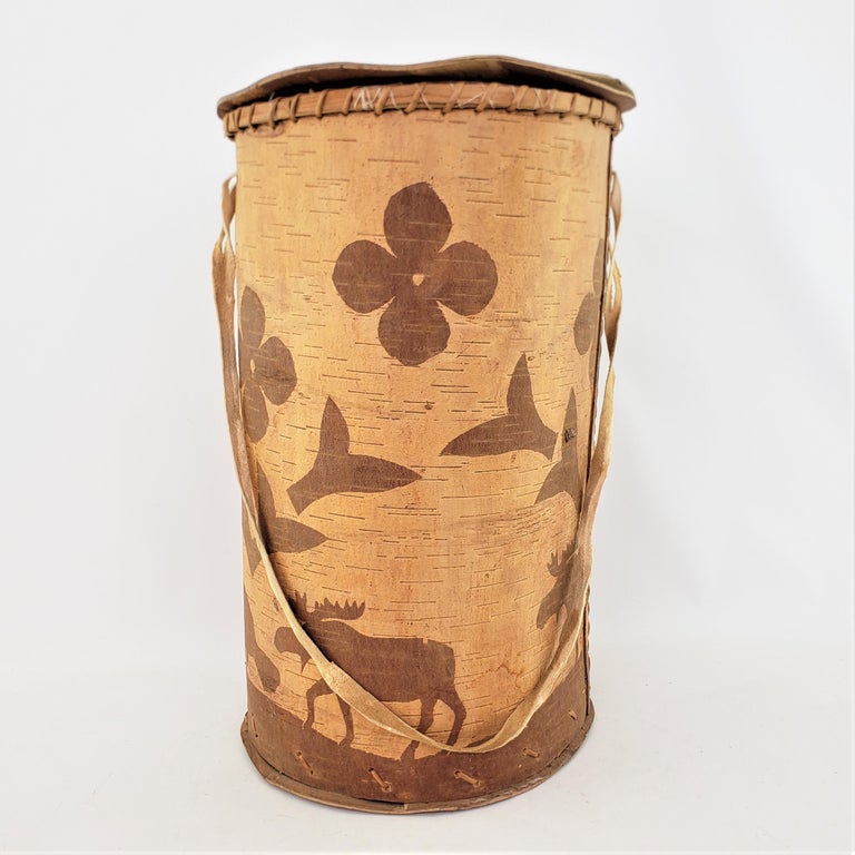 Large Vintage Indigenous Canadian Lidded Birch Bark Painted Shoulder