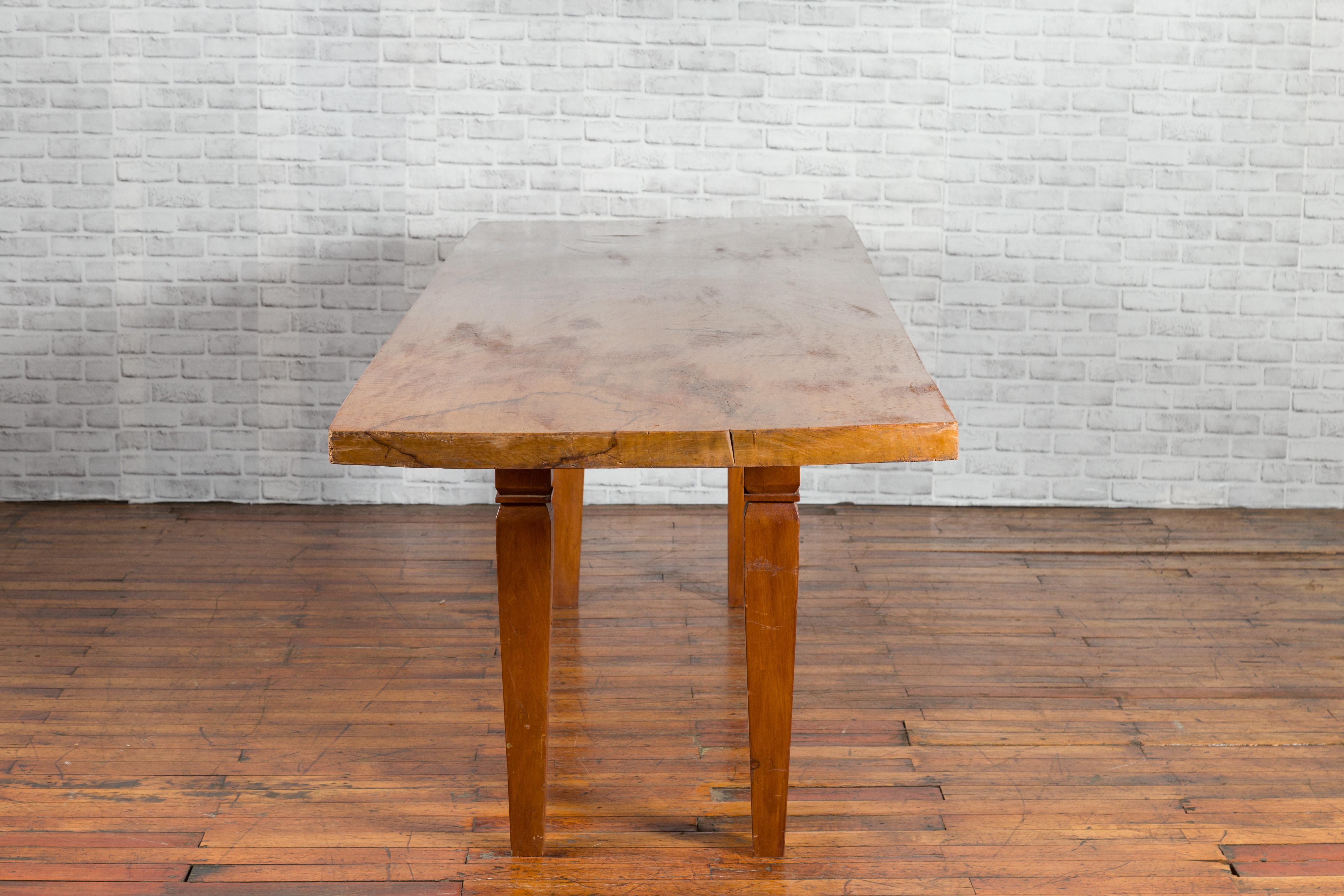 Large Vintage Indonesian Dining Table with Mango Wood Top and Tapered Legs For Sale 5