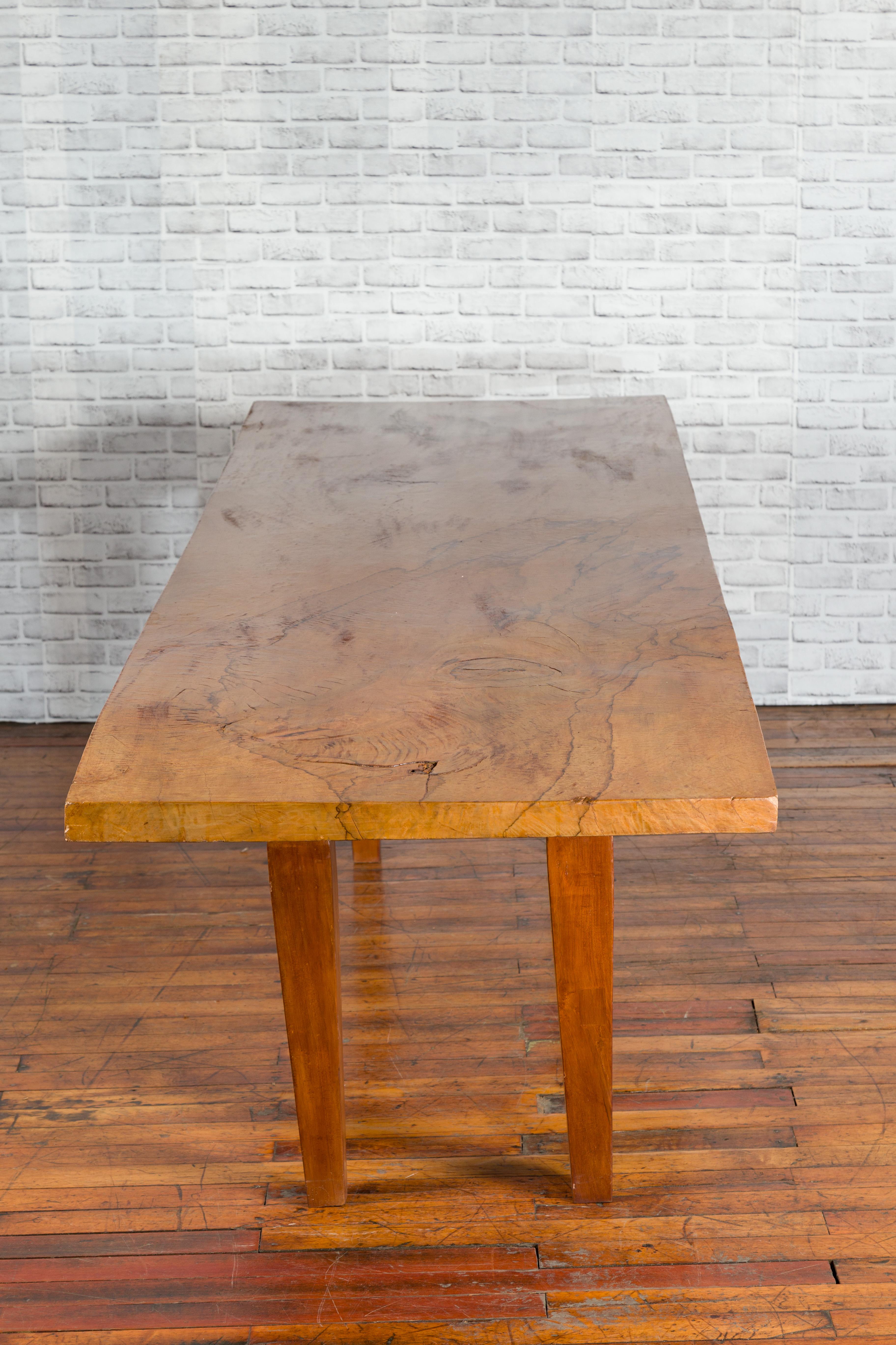 Large Vintage Indonesian Dining Table with Mango Wood Top and Tapered Legs For Sale 2