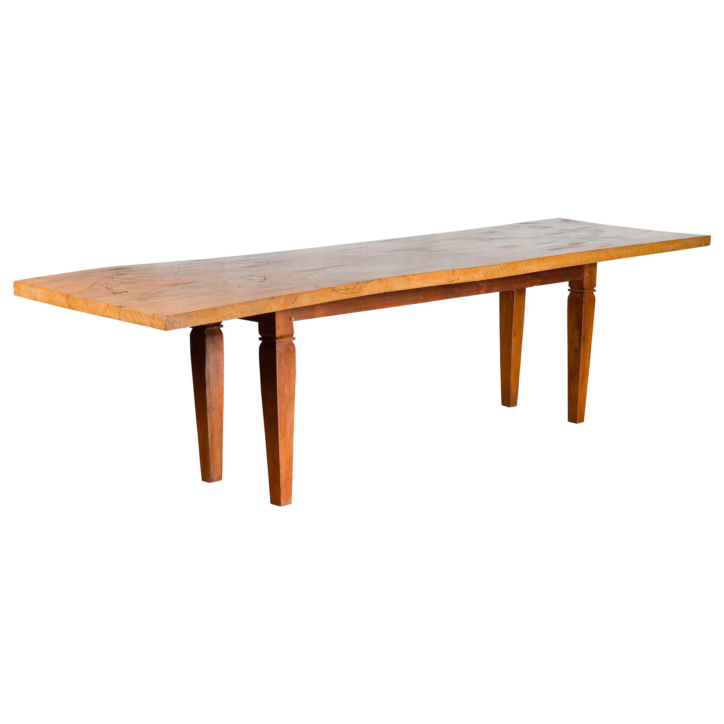 Large Vintage Indonesian Dining Table with Mango Wood Top and Tapered Legs For Sale