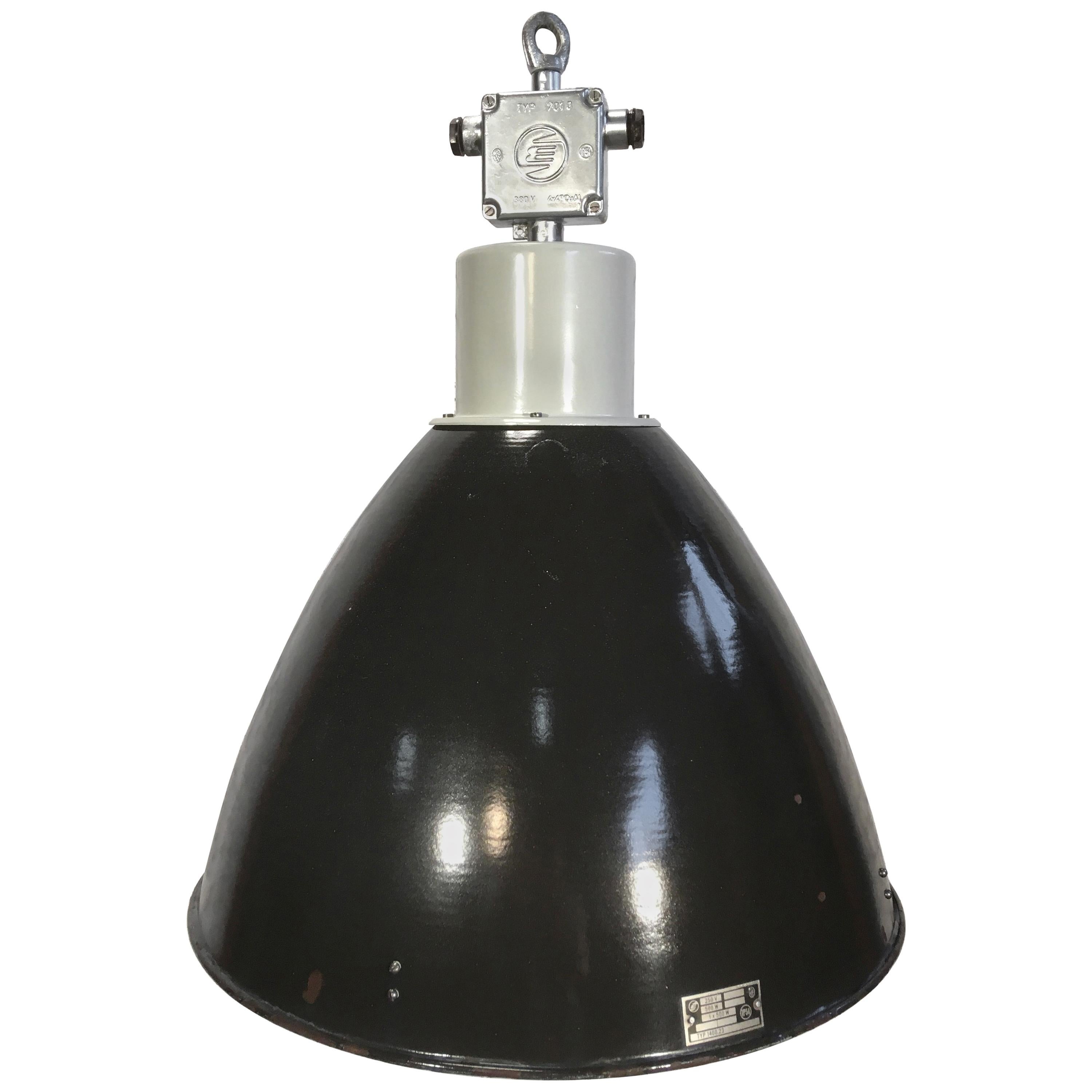 Large Industrial Black Enamel Factory Lamp with Glass Cover, 1960s at