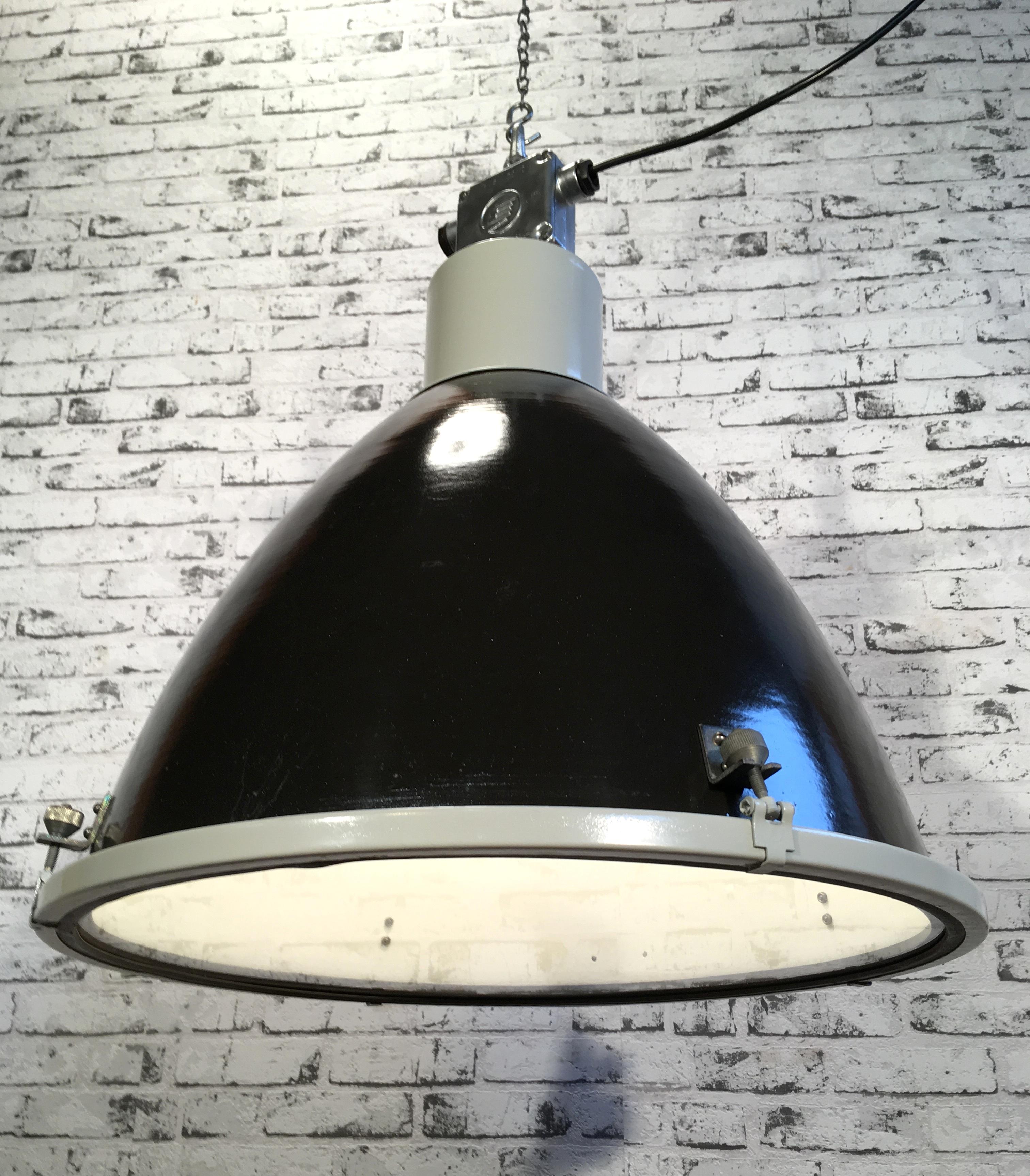 Enameled Large Vintage Industrial Black Enamel Factory Lamp with Glass Cover