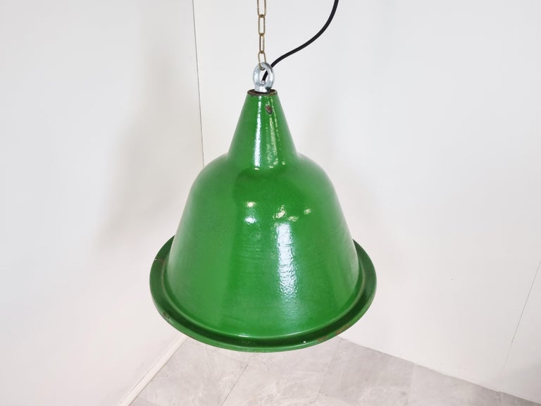 Hungarian Large Vintage Industrial Green Enamel Pendant Lights, 1960s For Sale