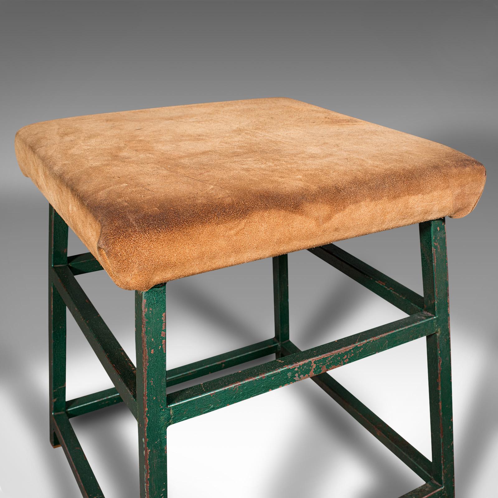 Steel Large Vintage Industrial Lab Stool, English, Suede, Kitchen, Office Seat, C.1950 For Sale