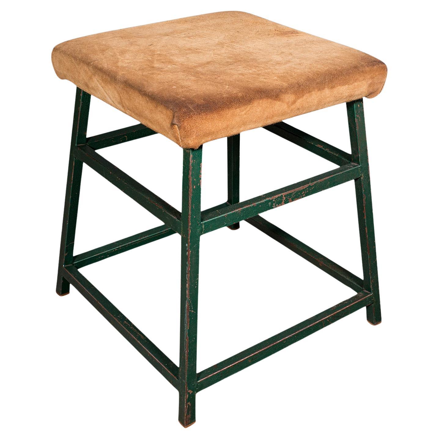 Large Vintage Industrial Lab Stool, English, Suede, Kitchen, Office Seat, C.1950 For Sale