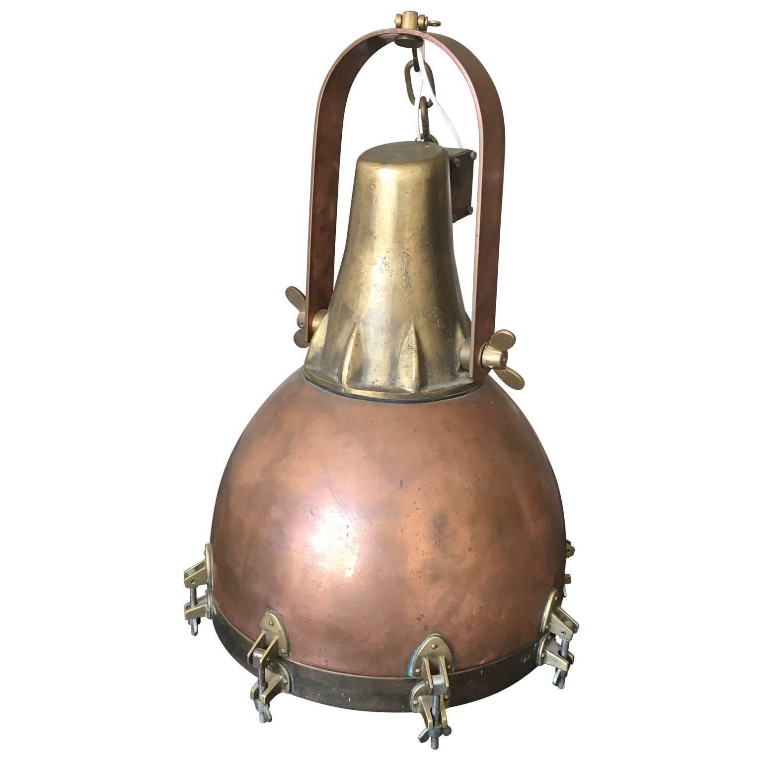 Large Vintage Industrial Pendant Light In Thick Brass And Copper, Denmark For Sale