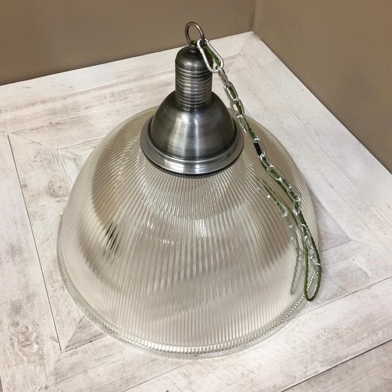 English Large Vintage Industrial Prismatic Holophane Pendant Lights For Sale