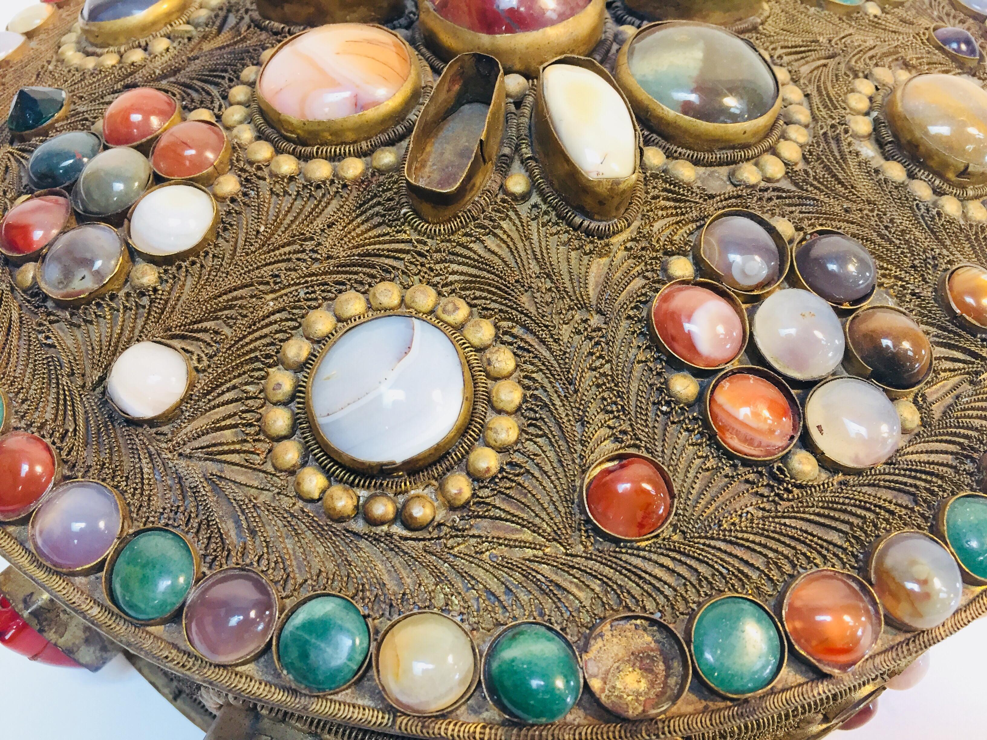 Metal Vintage Agate Inlaid Moorish Wedding Jewelry Dressing Box For Sale