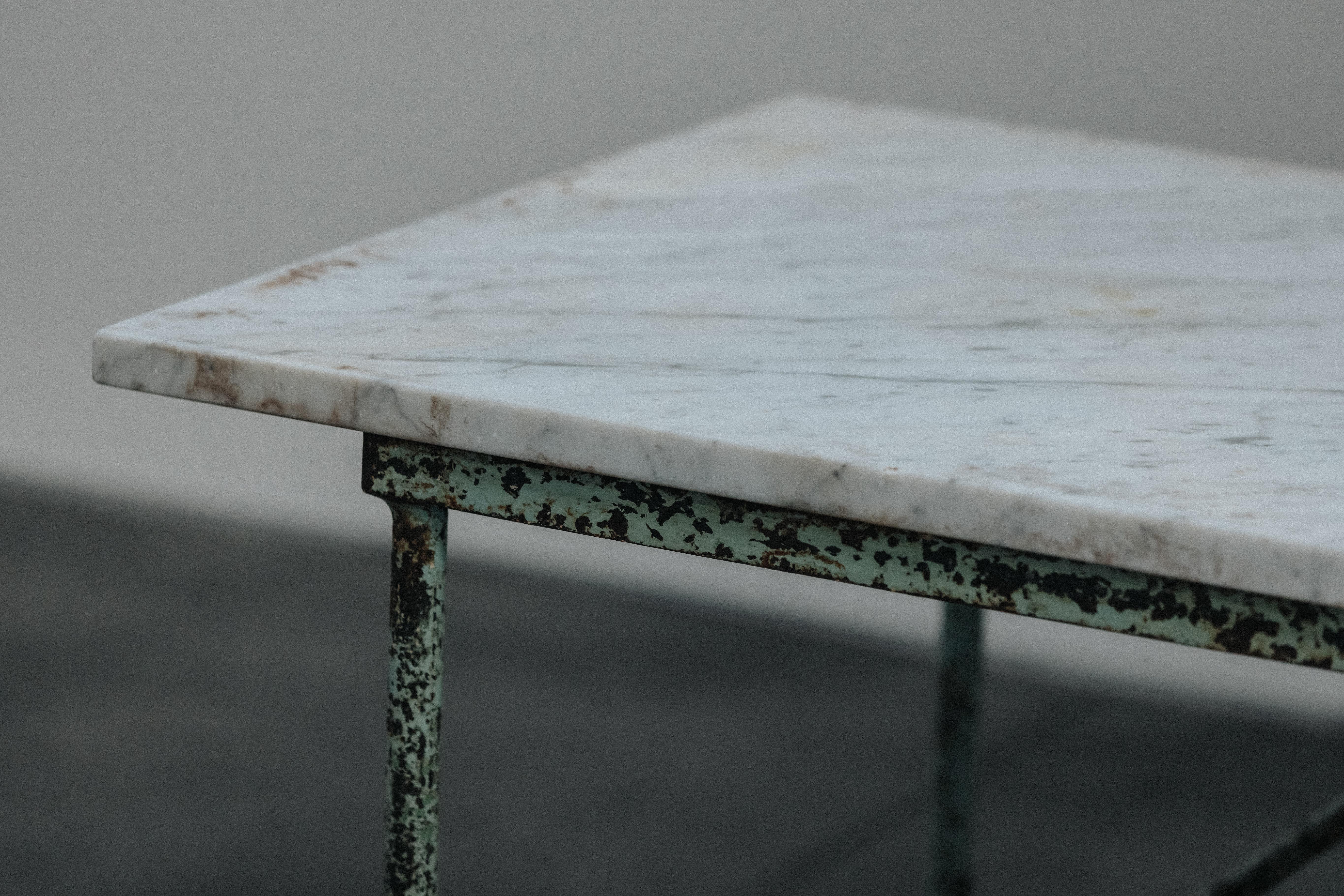 European Large Vintage Iron and Marble Garden Table From France, Circa 1920 For Sale