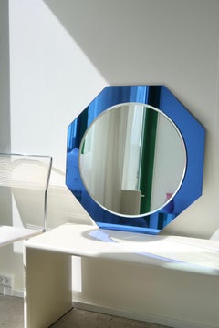 Large Vintage Italian 70s Glass Sapphire Blue Wall Mirror Murano Lupi