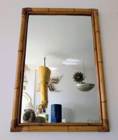 Large vintage Italian bamboo wall mirror with rattan-wrapped corners, 1970s