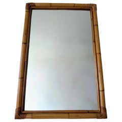 Large vintage Italian bamboo wall mirror with rattan-wrapped corners, 1970s