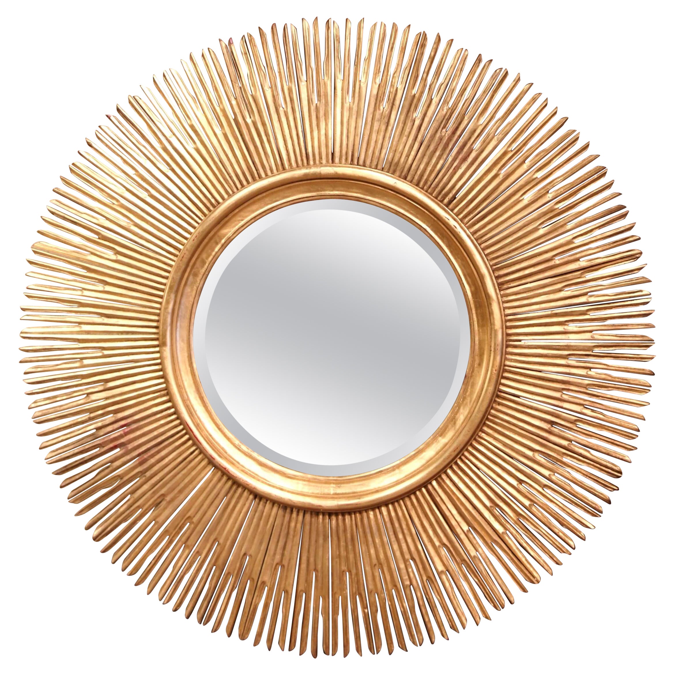 Large Vintage Italian Carved Giltwood Sunburst Mirror with Beveled Glass