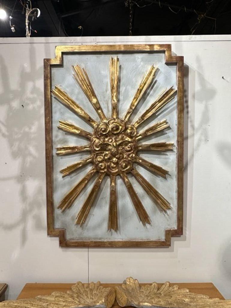 Gorgeous large scale vintage Italian carved and parcel gilt sunburst panel. A beautiful work of art! So pretty!