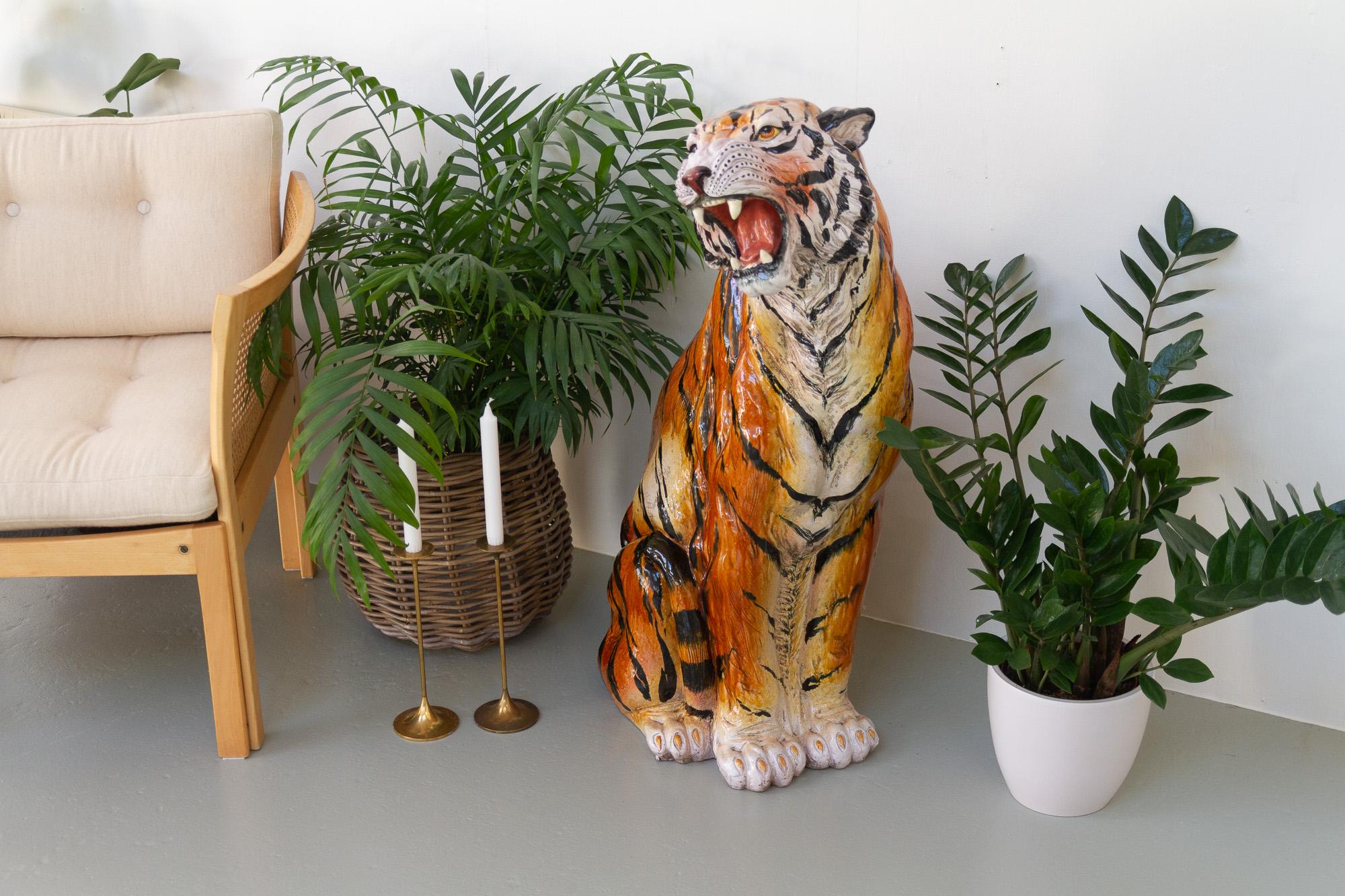 Hollywood Regency Large Vintage Italian Ceramic Tiger, 1970s For Sale