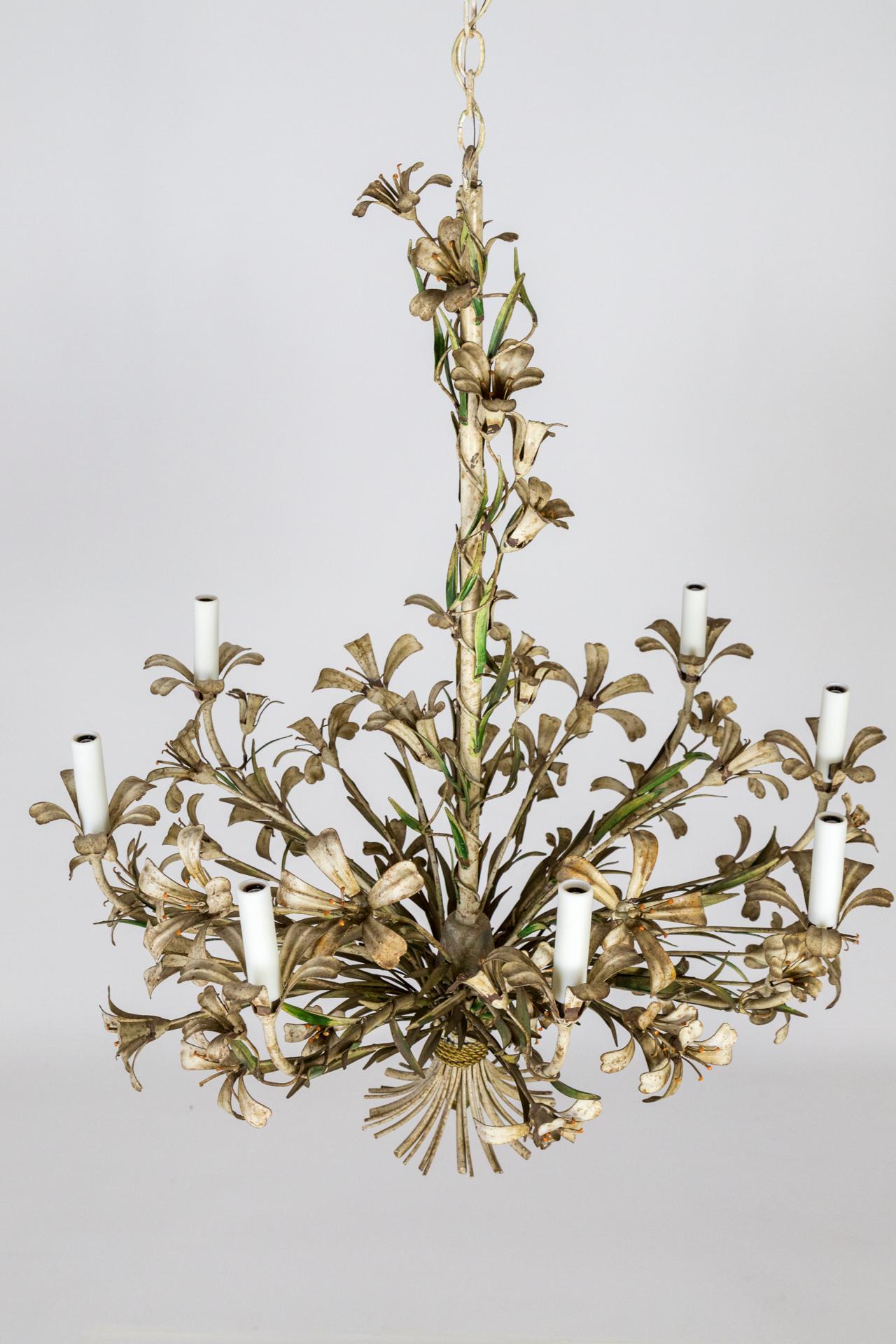 Large Vintage Italian Cream Tole Flower Chandelier 1