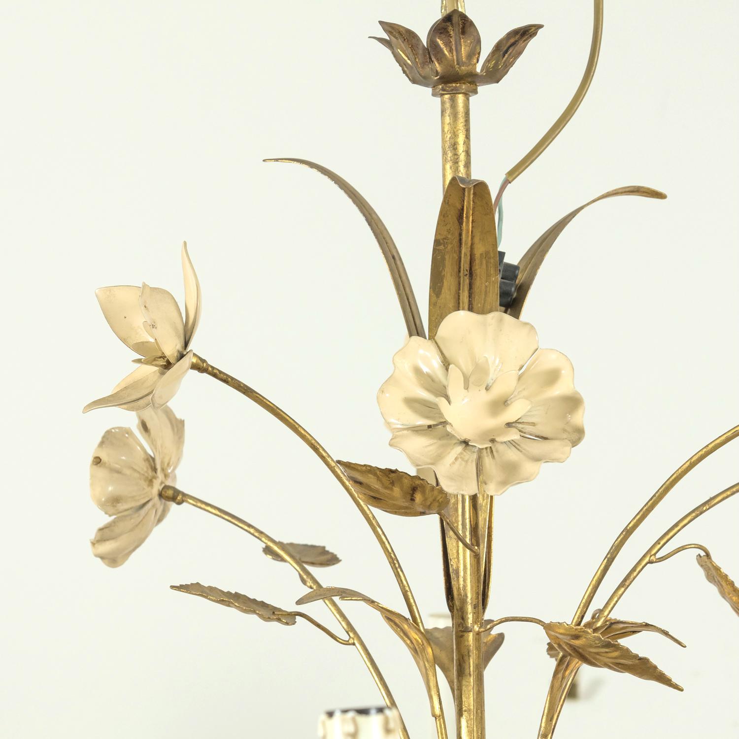 Large Vintage Italian Gilded Tole and Cream Enamel Floral 10-Light Chandelier 6