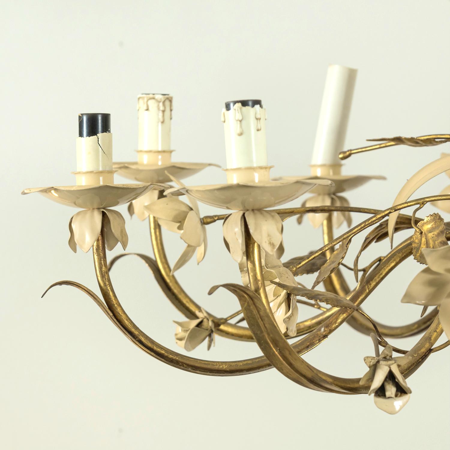 Large Vintage Italian Gilded Tole and Cream Enamel Floral 10-Light Chandelier 7