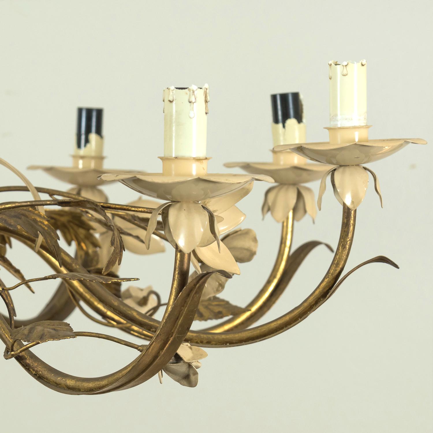 Large Vintage Italian Gilded Tole and Cream Enamel Floral 10-Light Chandelier 8