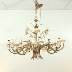 Large Vintage Italian Gilded Tole and Cream Enamel Floral 10-Light Chandelier