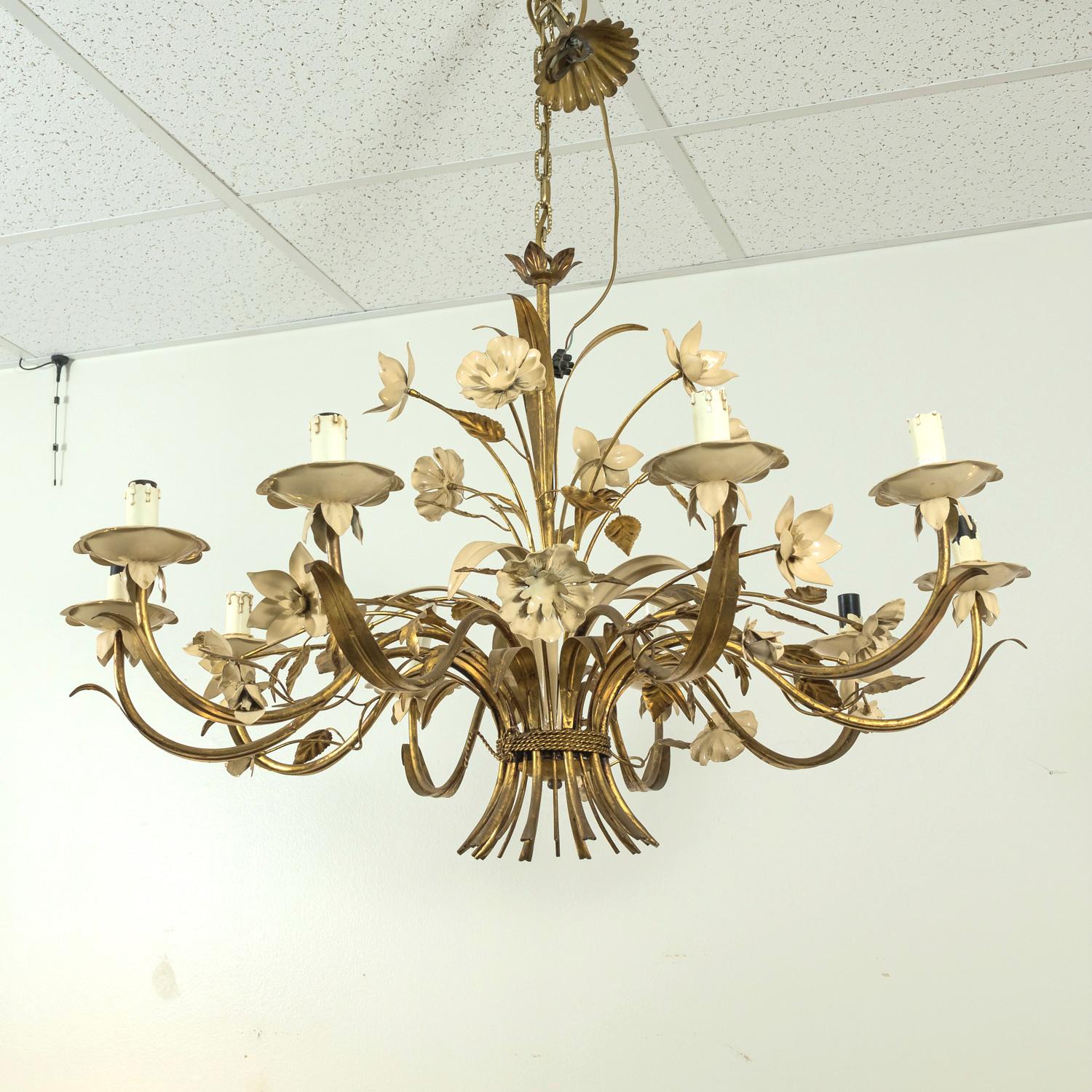 Hand-Painted Large Vintage Italian Gilded Tole and Cream Enamel Floral 10-Light Chandelier