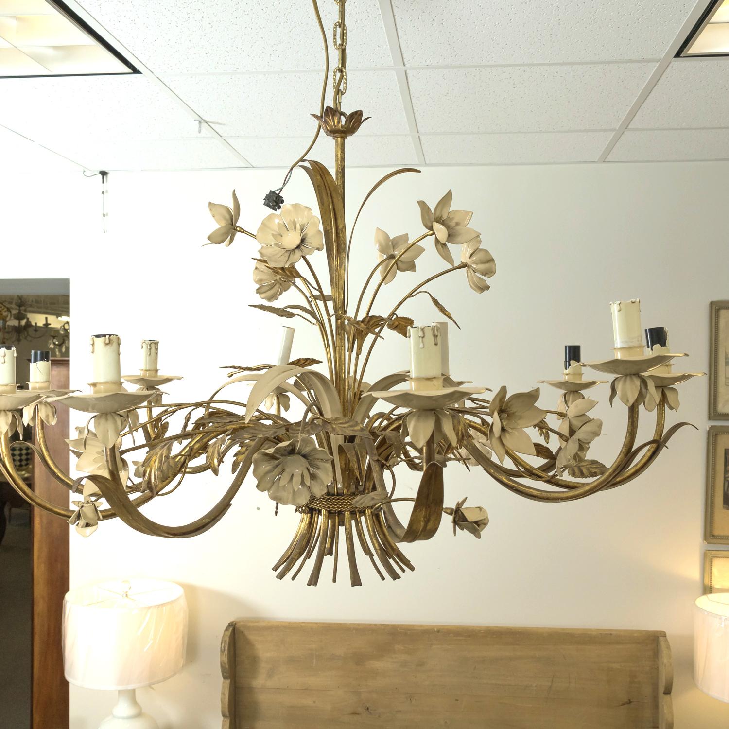 Late 20th Century Large Vintage Italian Gilded Tole and Cream Enamel Floral 10-Light Chandelier