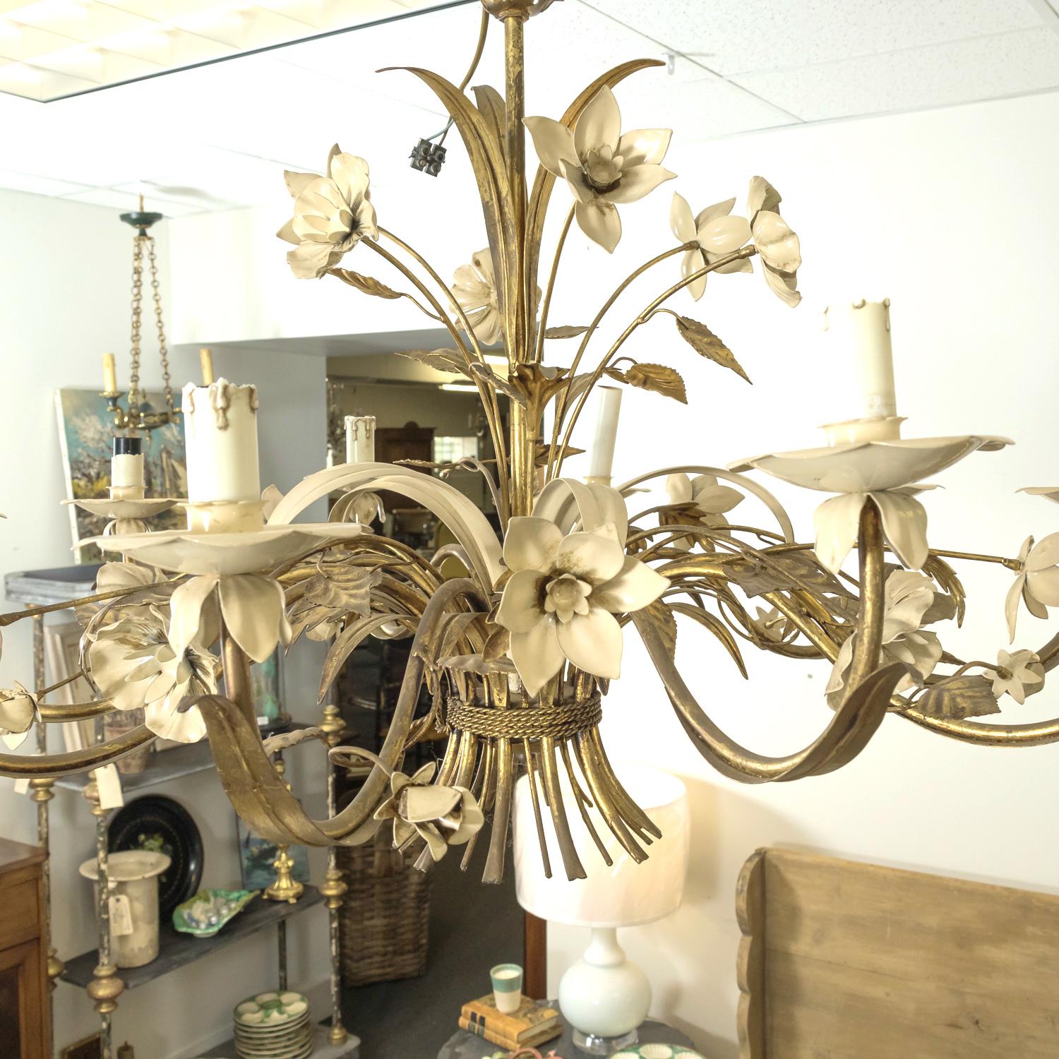 Large Vintage Italian Gilded Tole and Cream Enamel Floral 10-Light Chandelier 1