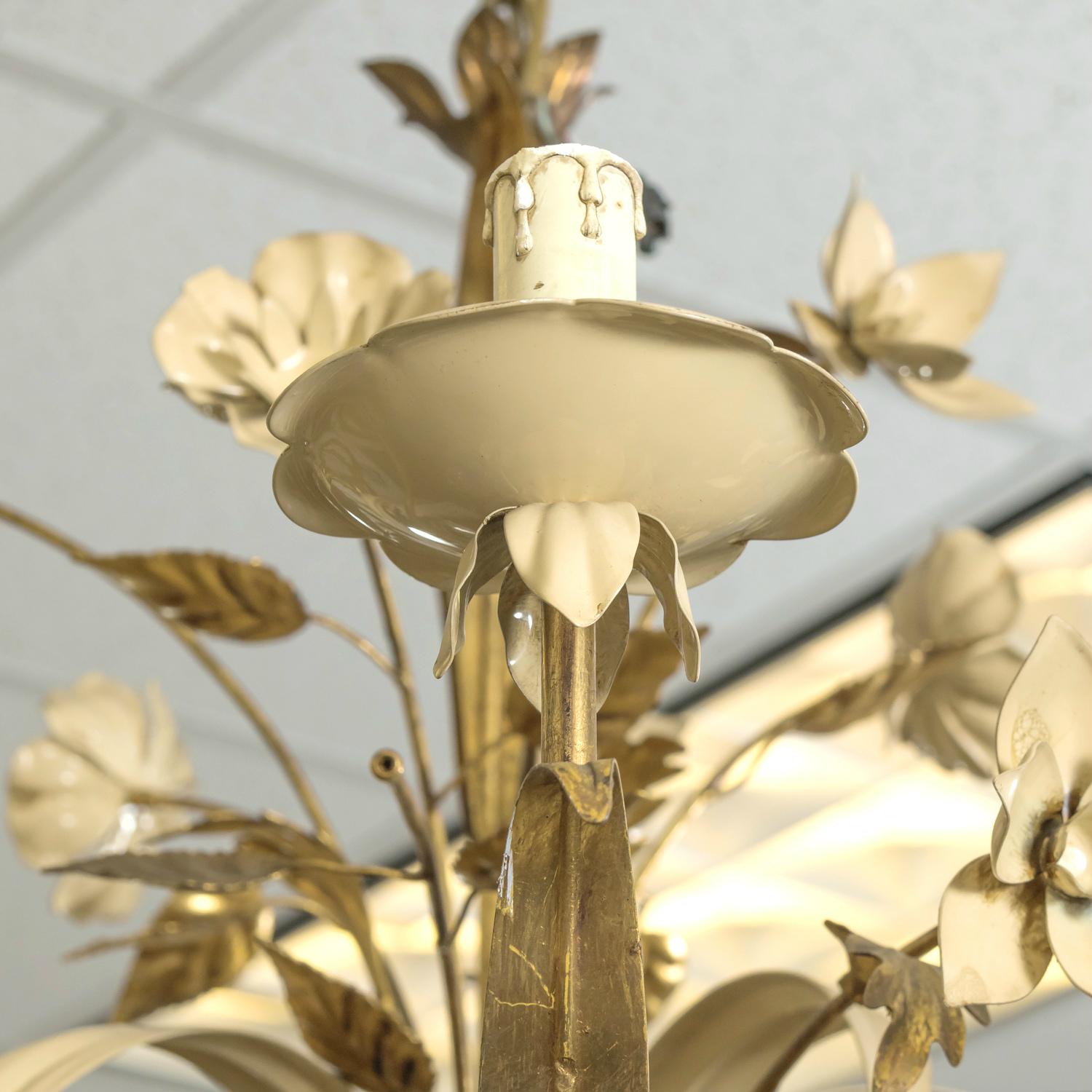 Large Vintage Italian Gilded Tole and Cream Enamel Floral 10-Light Chandelier 2