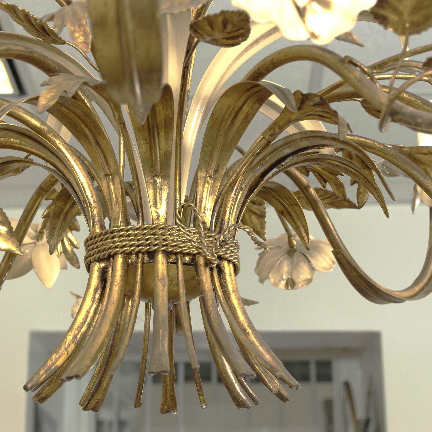 Large Vintage Italian Gilded Tole and Cream Enamel Floral 10-Light Chandelier 4