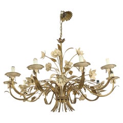 Large Vintage Italian Gilded Tole and Cream Enamel Floral 10-Light Chandelier